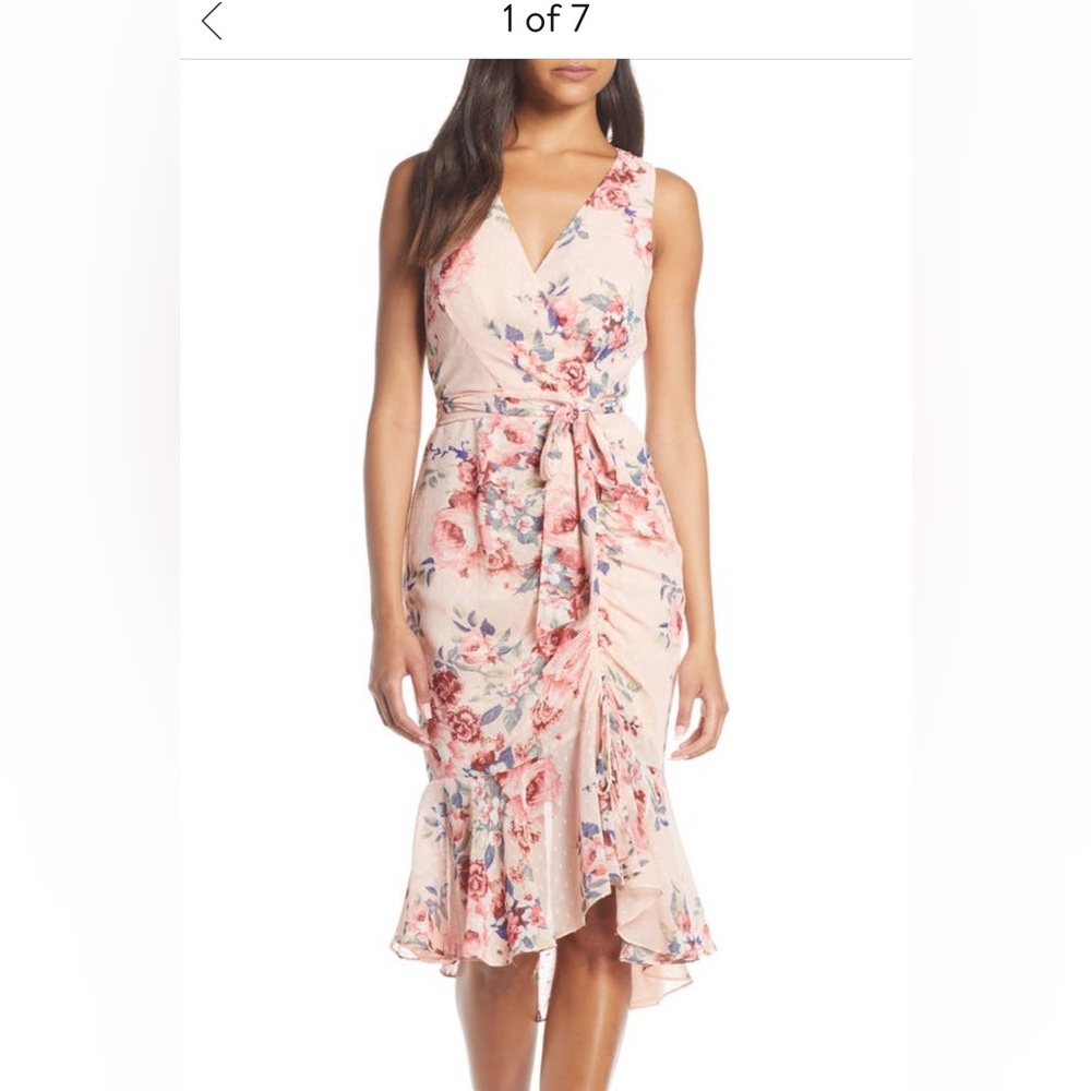 Eliza J Floral Ruched Chiffon Faux Wrap Dress